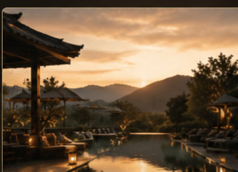 夕暮れのチェンマイ高級リゾートと山並み