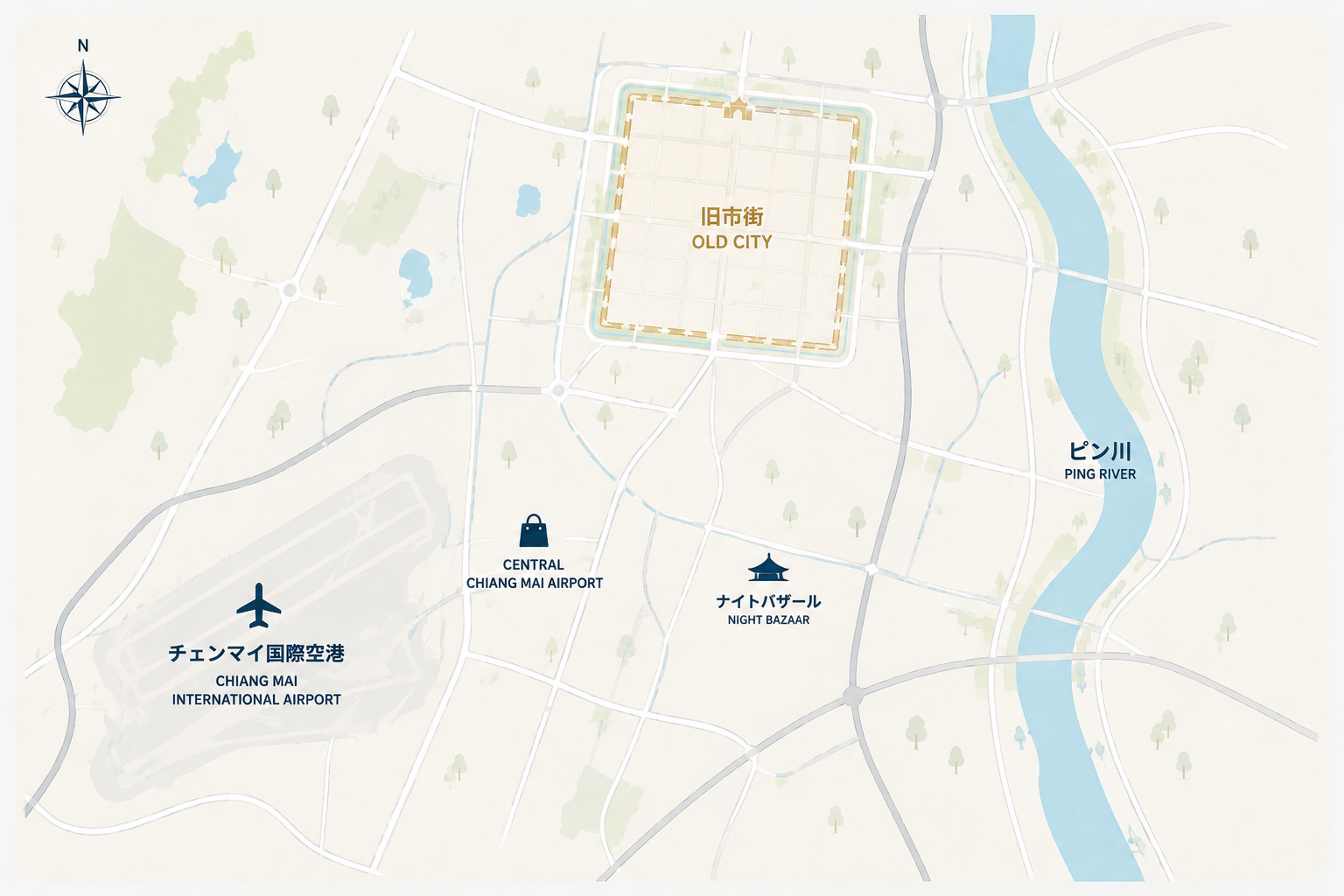 チェンマイ国際空港、Central Chiang Mai Airport、旧市街、ナイトバザール、ピン川の位置関係を示す概略地図