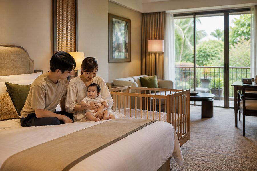 チェンマイのホテルで乳幼児連れの家族が過ごすイメージ