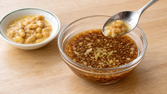 タオチオを少量ずつ加えて塩味と豆の風味を調整するイメージ