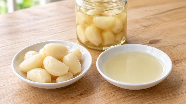 手前左にタイの漬けにんにく、右に淡い色の漬け汁