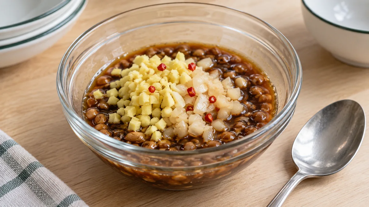 合わせた調味料に刻んだしょうが・漬けにんにく・少量の赤唐辛子を加える工程