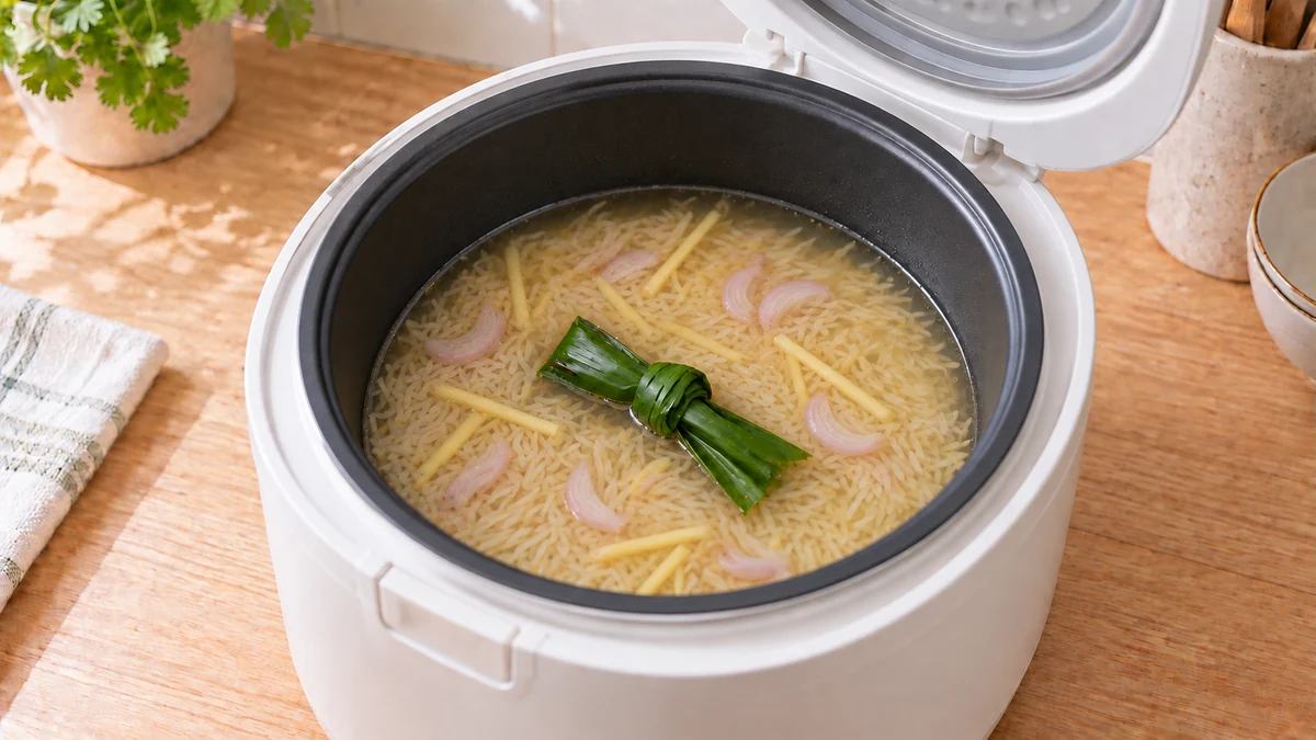 炊飯前の内釜に炒めた米、鶏スープ、結んだパンダンリーフを入れた状態