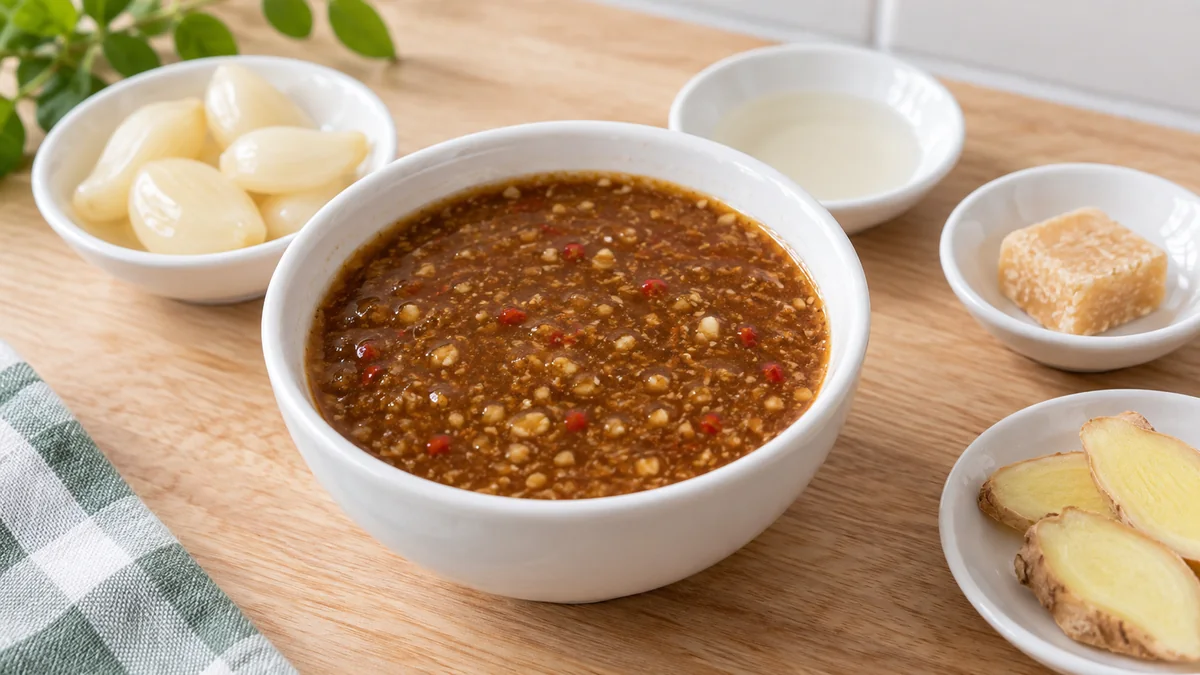 大豆としょうがの粒、赤唐辛子が見える茶褐色のタオチオだれ