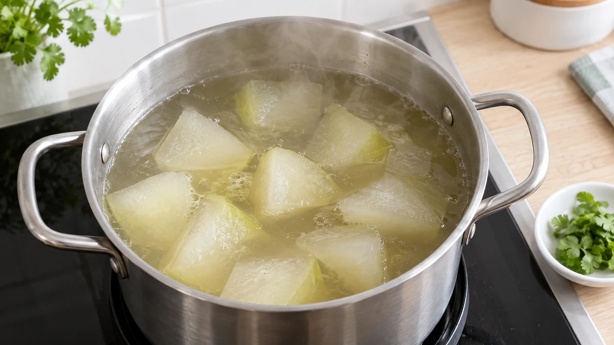 透明感のある鶏スープで皮と種を除いた冬瓜を煮る工程