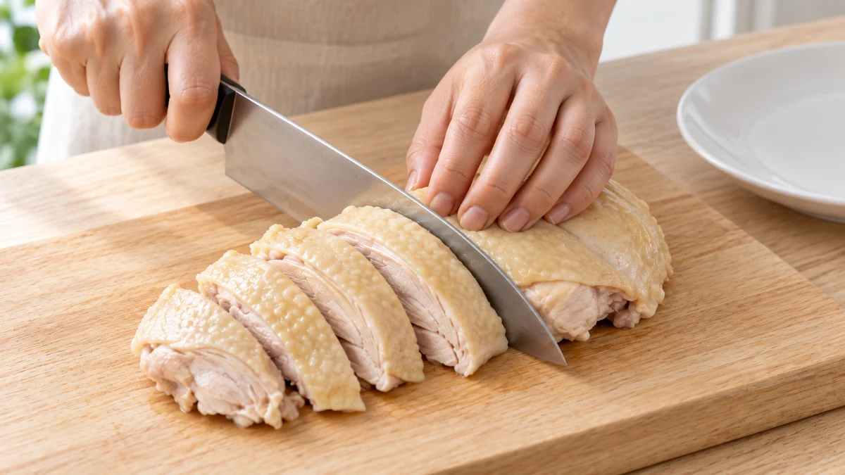 清潔なまな板で皮付きのゆで鶏を食べやすい厚さに切る工程