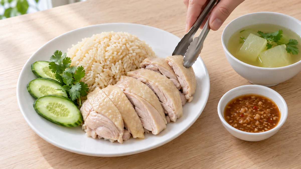 白い皿へ鶏油ごはんとゆで鶏を盛り付け、タレと冬瓜スープを添える工程