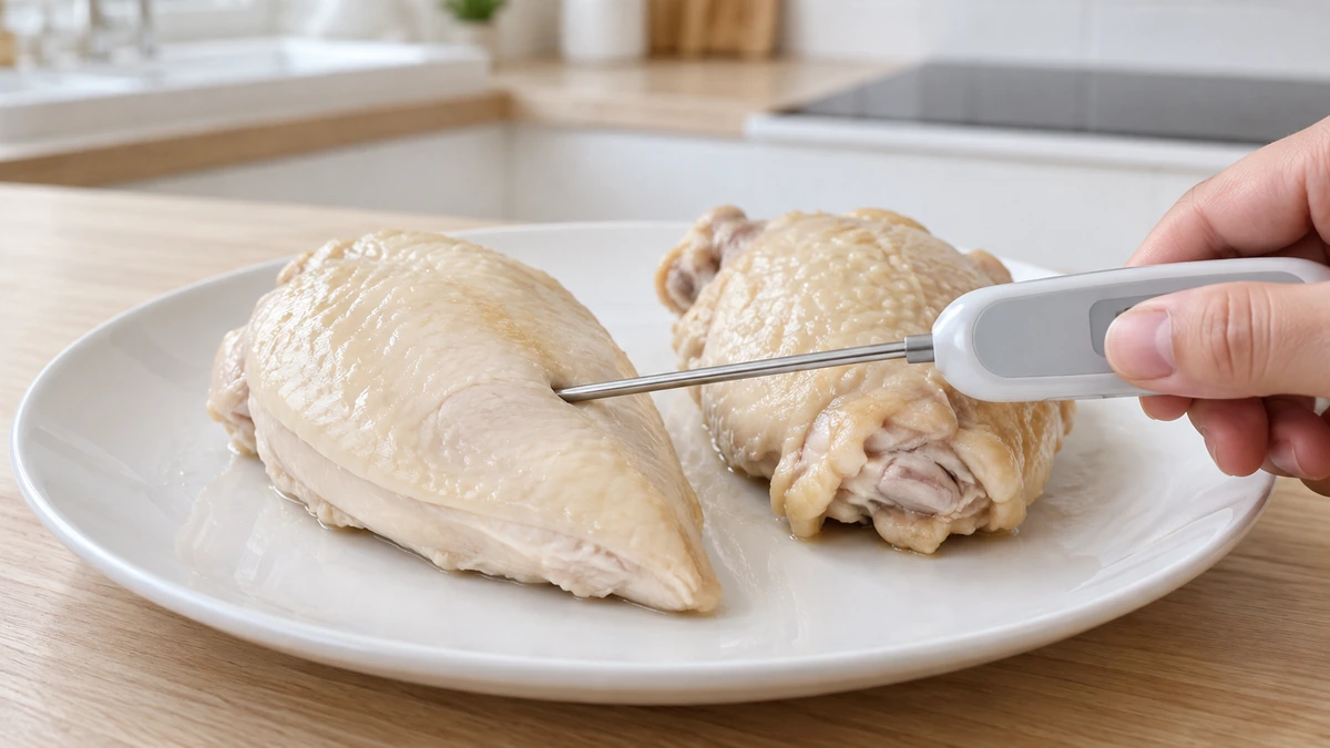 ゆで鶏の胸肉の厚い部分へ横から食品用温度計を差し込む確認方法のイメージ