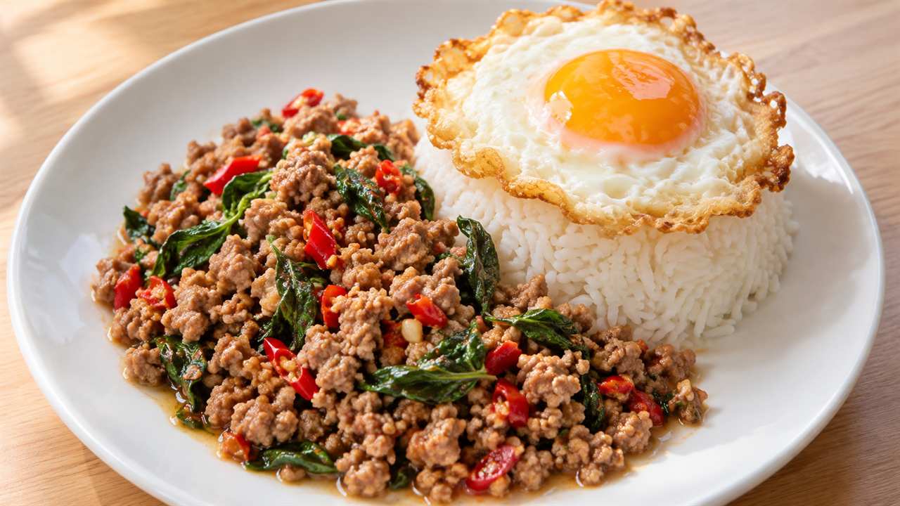 ホーリーバジル入りの豚ガパオと目玉焼きを添えたジャスミンライス