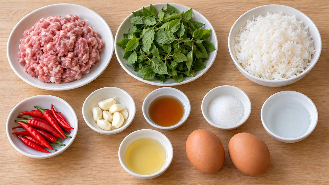 豚ひき肉、ホーリーバジル、タイ唐辛子などガパオライスの材料