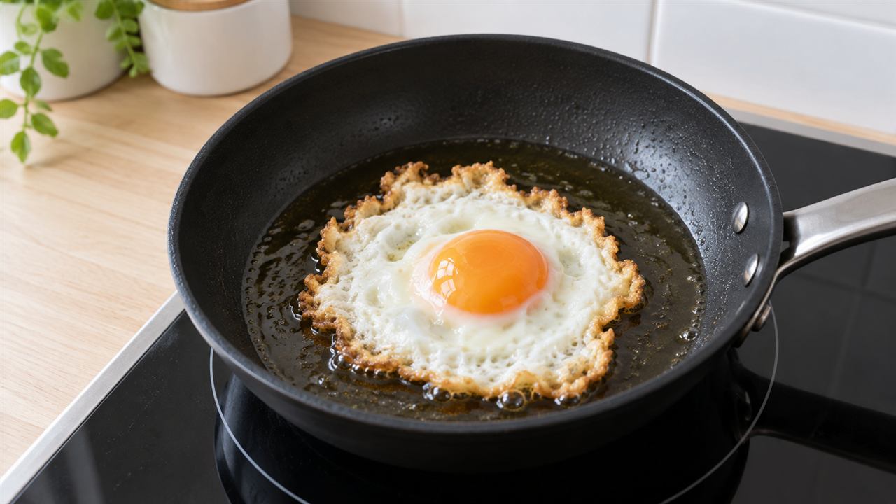 油で縁を香ばしく揚げ焼きにする目玉焼き