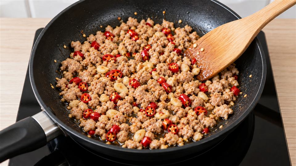 豚肉にナンプラーの合わせ調味料を絡める工程