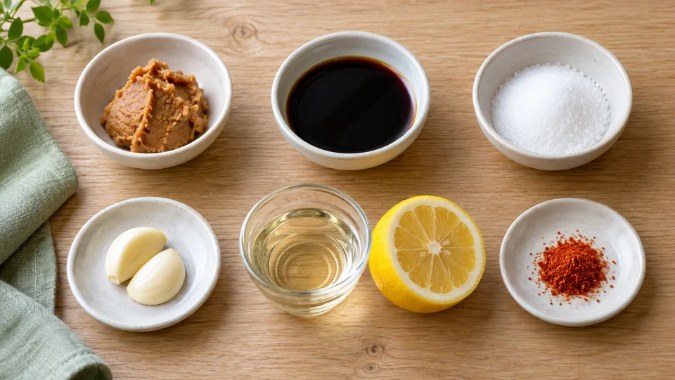 味噌、濃口しょうゆ、砂糖、生にんにく、酢とレモン、一味唐辛子を小皿に分けたイメージ