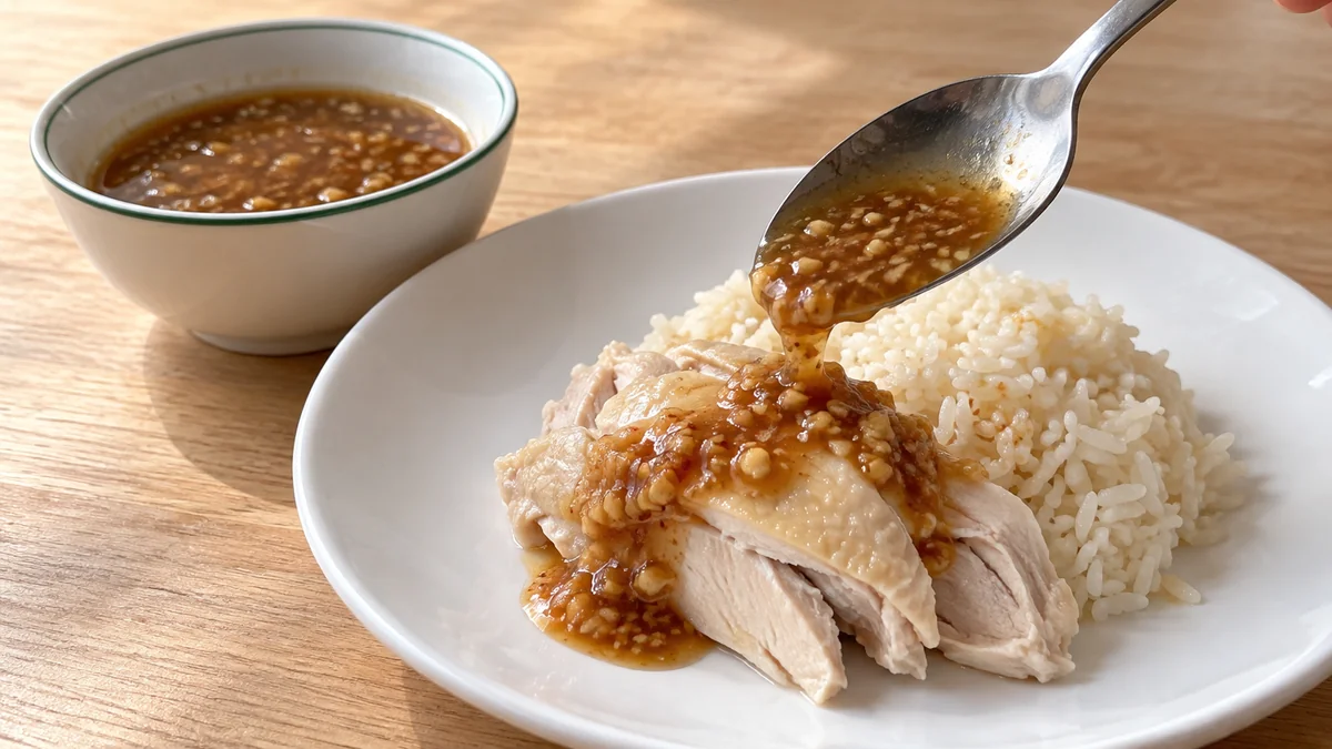 ゆで鶏と鶏油ごはんに少量の味噌としょうゆのタレを付け、味を確認する場面