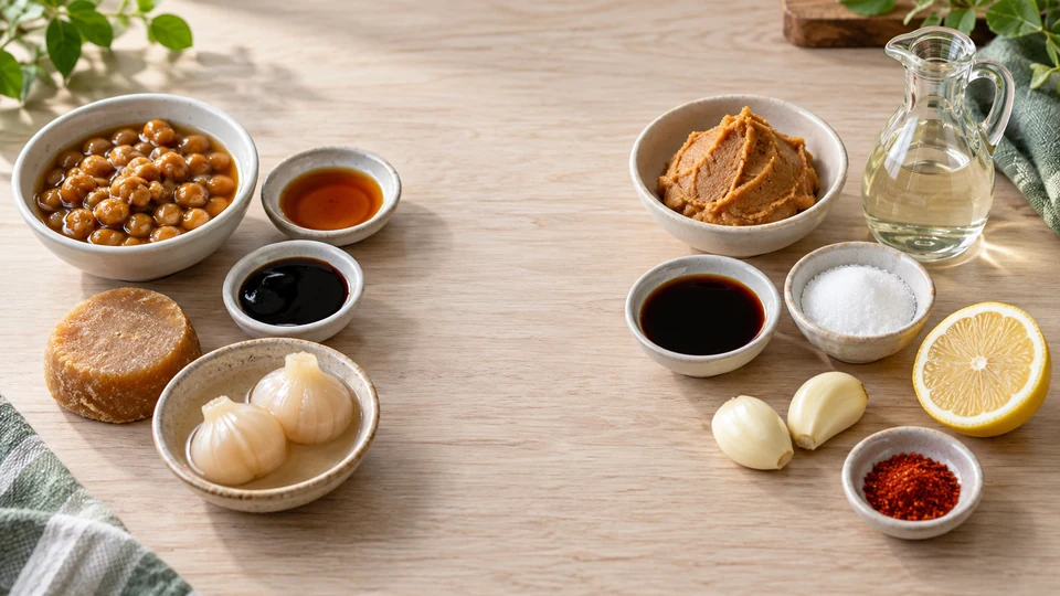 左にタオチオやタイしょうゆなどのタイ食材、右に味噌や濃口しょうゆなど日本の調味料を並べた比較イメージ