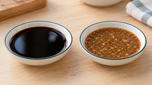 左は黒いしょうゆが多い色の例、右は茶褐色のタレの色の目安を示す生成イメージ