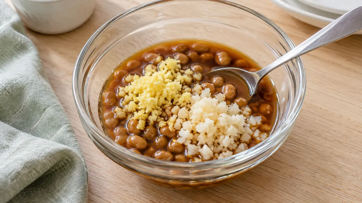 唐辛子を使わない合わせ調味料に、刻んだしょうがと漬けにんにくを加える工程