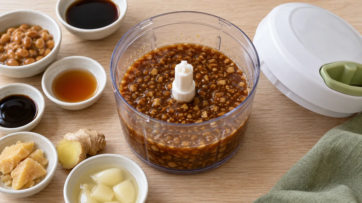 短く攪拌し、タオチオ・しょうが・漬けにんにくの細かな粒を残したタレ
