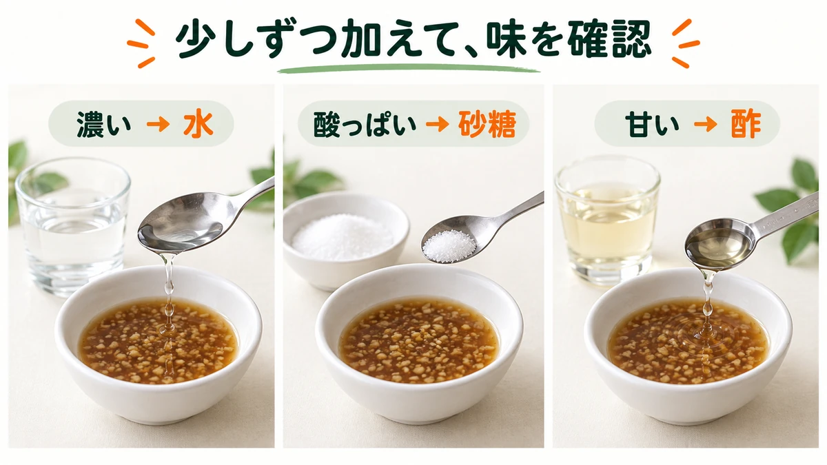濃いときは水、酸っぱいときは砂糖、甘いときは酢を少量ずつ加える調整例