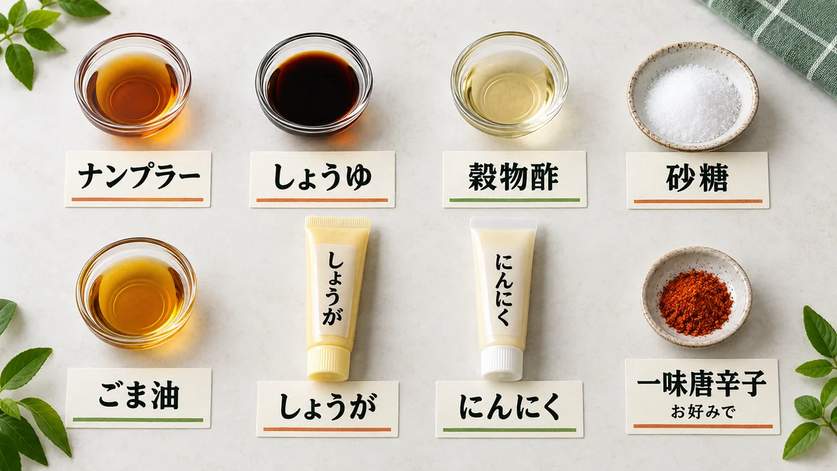 ナンプラー、しょうゆ、穀物酢、砂糖、ごま油、チューブしょうが・にんにくと好みの一味唐辛子
