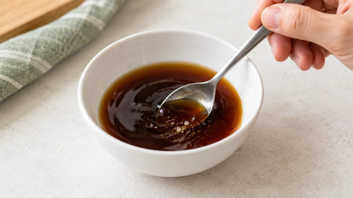 液体調味料に砂糖を加え、小鉢でスプーンを使って混ぜる