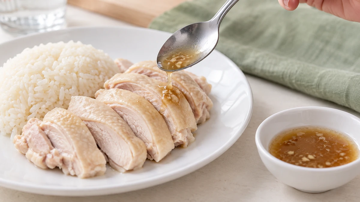 ゆで鶏とごはんにタレを少量合わせ、味の濃さを確認する