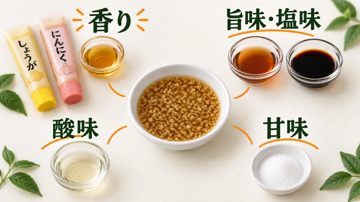 チューブ香味材料とごま油の香り、ナンプラーとしょうゆの旨味・塩味、酢の酸味、砂糖の甘味
