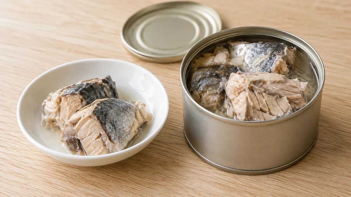 開封したサバ水煮缶と、白い器に取り分けたサバの身