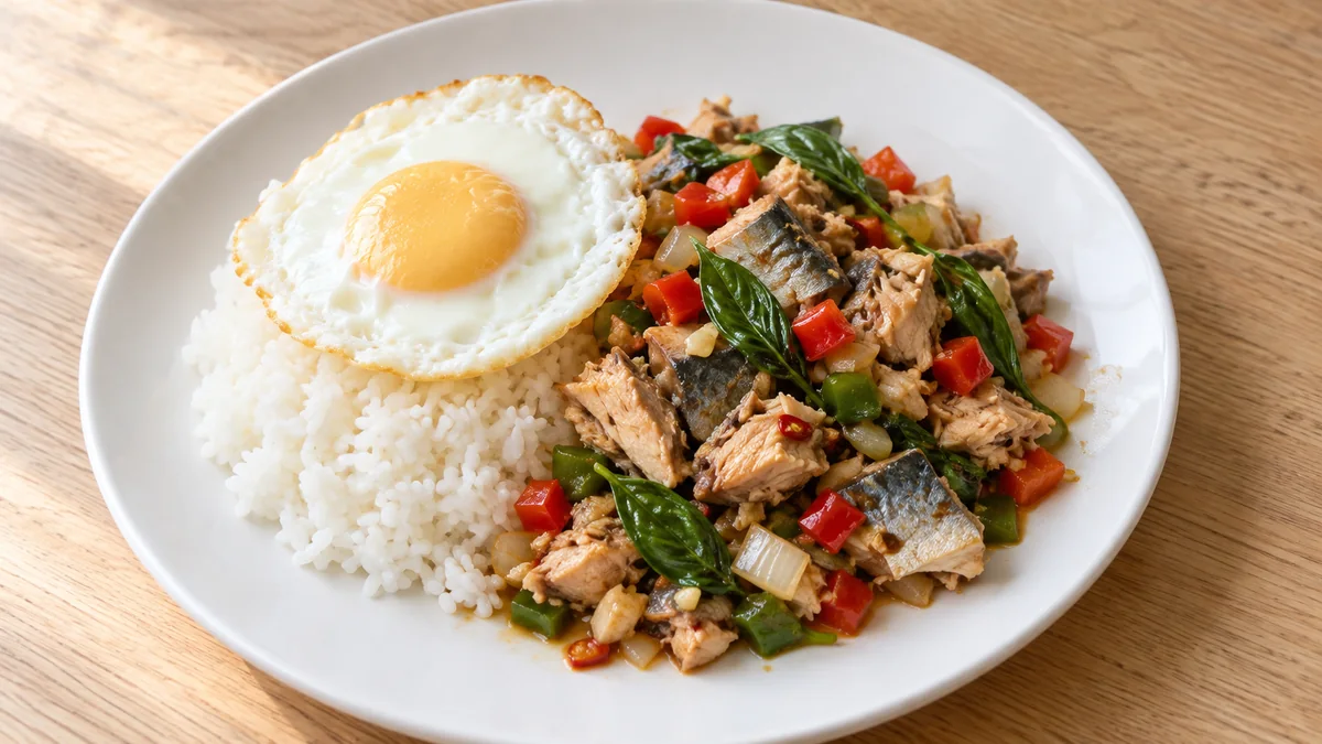粗いサバのほぐし身と野菜、スイートバジルの炒め物に白ごはんと目玉焼きを添えた一皿