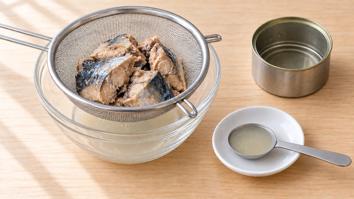 ざるとボウルでサバの身と缶汁を分け、大さじスプーンに缶汁を取り分ける下準備