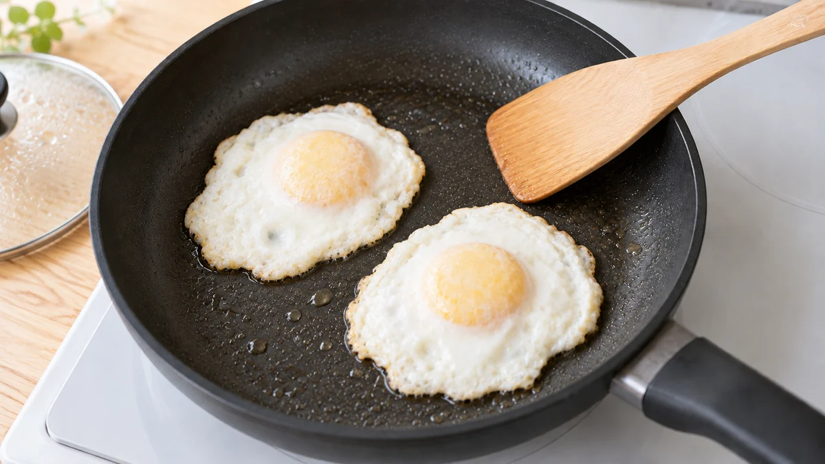 フライパンで卵2個を蒸し焼きにする工程