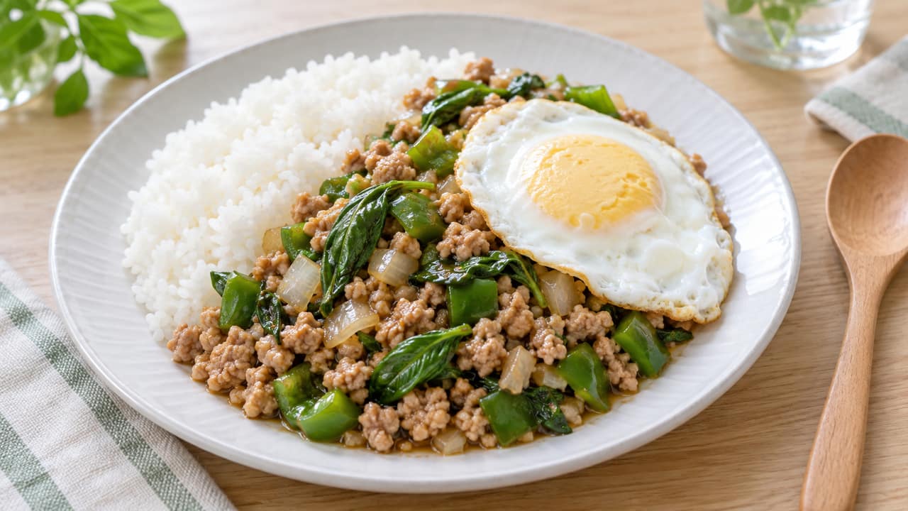 豚ひき肉、玉ねぎ、ピーマン、スイートバジルのガパオライスと火の通った目玉焼き