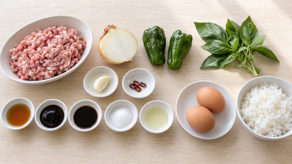 豚ひき肉、玉ねぎ、ピーマン、スイートバジルなどの材料