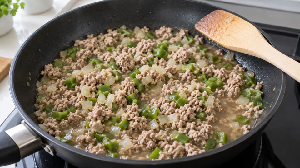 豚ひき肉と玉ねぎとピーマンを炒めたフライパンの底に水分がたまった状態
