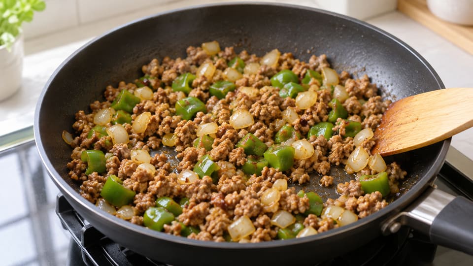 豚ひき肉と野菜に合わせ調味料が絡んだ、つやのある状態