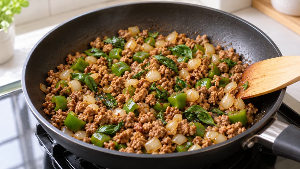 味を整えたひき肉と野菜にスイートバジルを混ぜた仕上がり