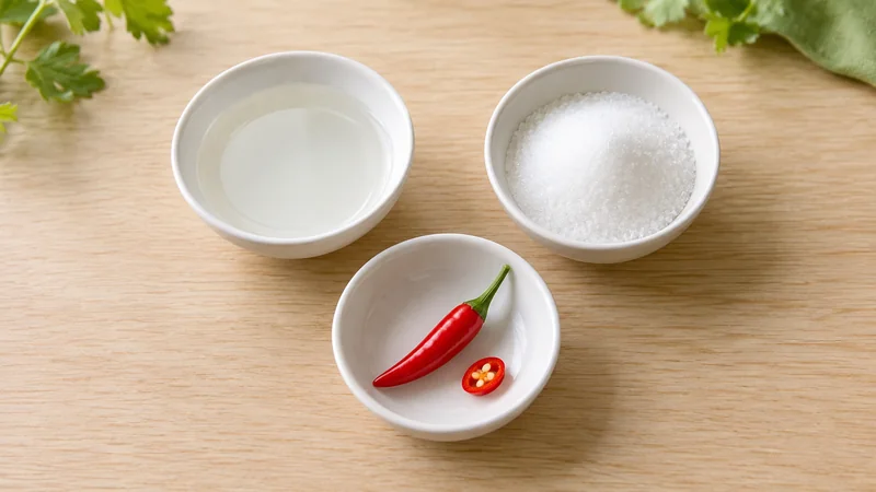 無調味の醸造酢、上白糖、生の赤唐辛子