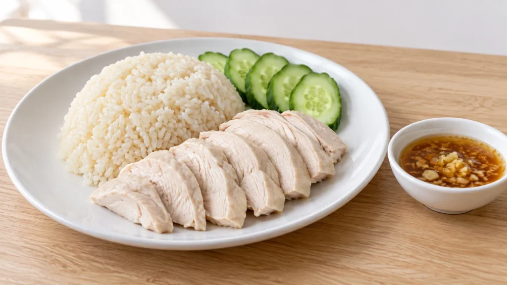 皮なし鶏むね肉のそぎ切りと香味混ぜごはん、きゅうり、別添えタレの1人分イメージ