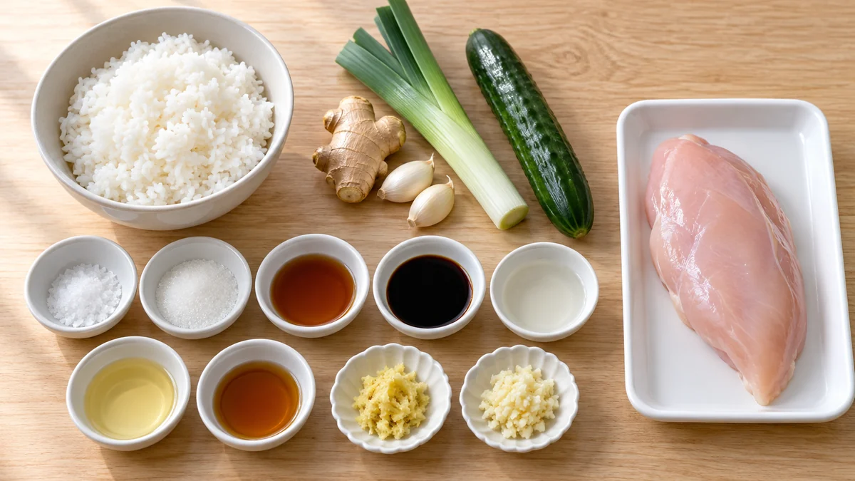 皮なし鶏むね肉、炊いたごはん、香味材料と調味料の2人分イメージ
