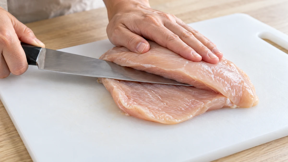 皮なし鶏むね肉の厚い部分へ横から包丁を入れて開く