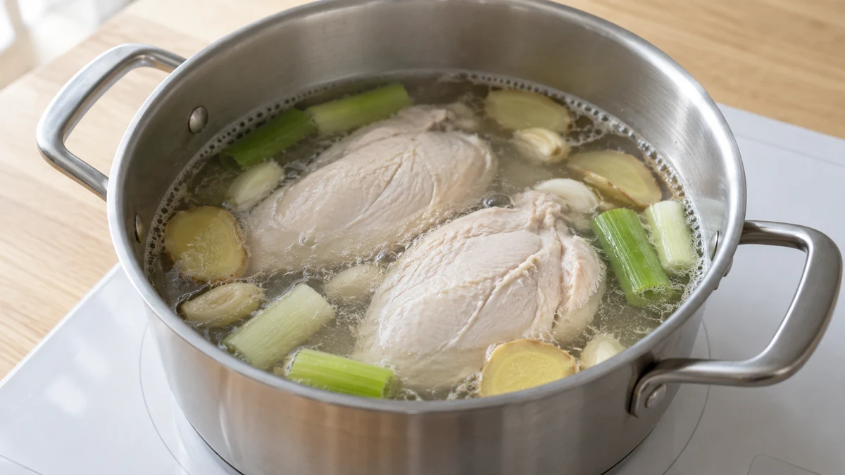しょうが、にんにく、長ねぎと鶏むね肉を鍋で穏やかにゆでる