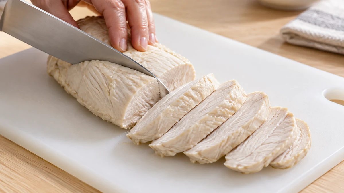 加熱済み鶏むね肉を繊維を断つ方向に切る