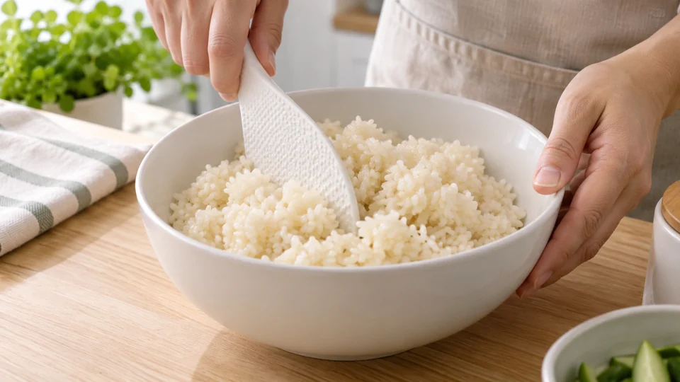 べたついたごはんを、汁を足さずしゃもじで軽くほぐす