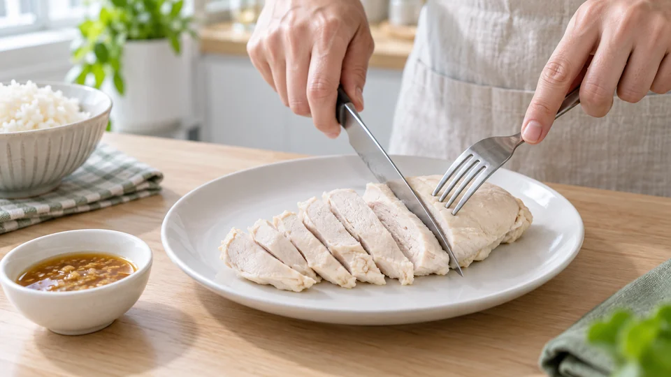加熱済みの鶏むね肉を薄くそぎ切りにしてタレを少量添える