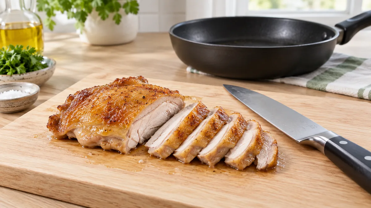 加熱を確認した鶏肉を清潔なまな板で切る
