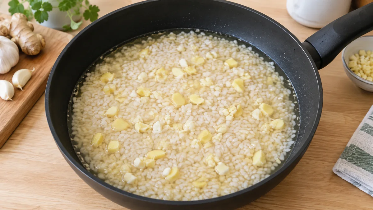 水・調味料を加え、米を平らにする