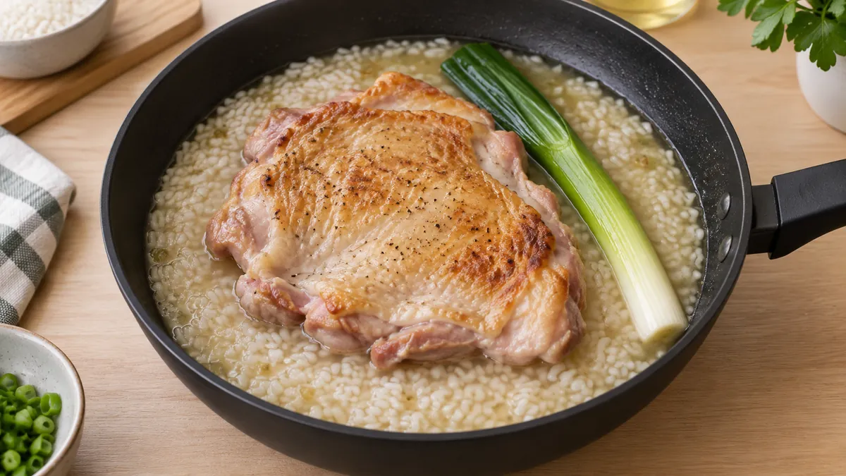 米の上に皮目を上にした鶏肉とねぎを置く