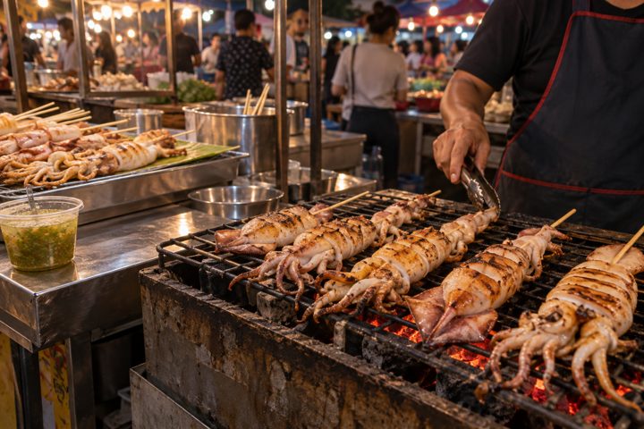 プラームックヤーンを炭火で焼くタイの夜市屋台のイメージ（生成画像）
