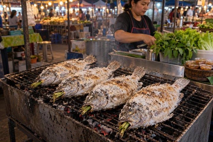 プラーパオの屋台(生成画像) プラーパオを炭火で焼くタイの屋台のイメージ(生成画像)
