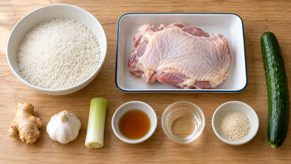 日本米と皮付き鶏もも肉、香味材料と調味料